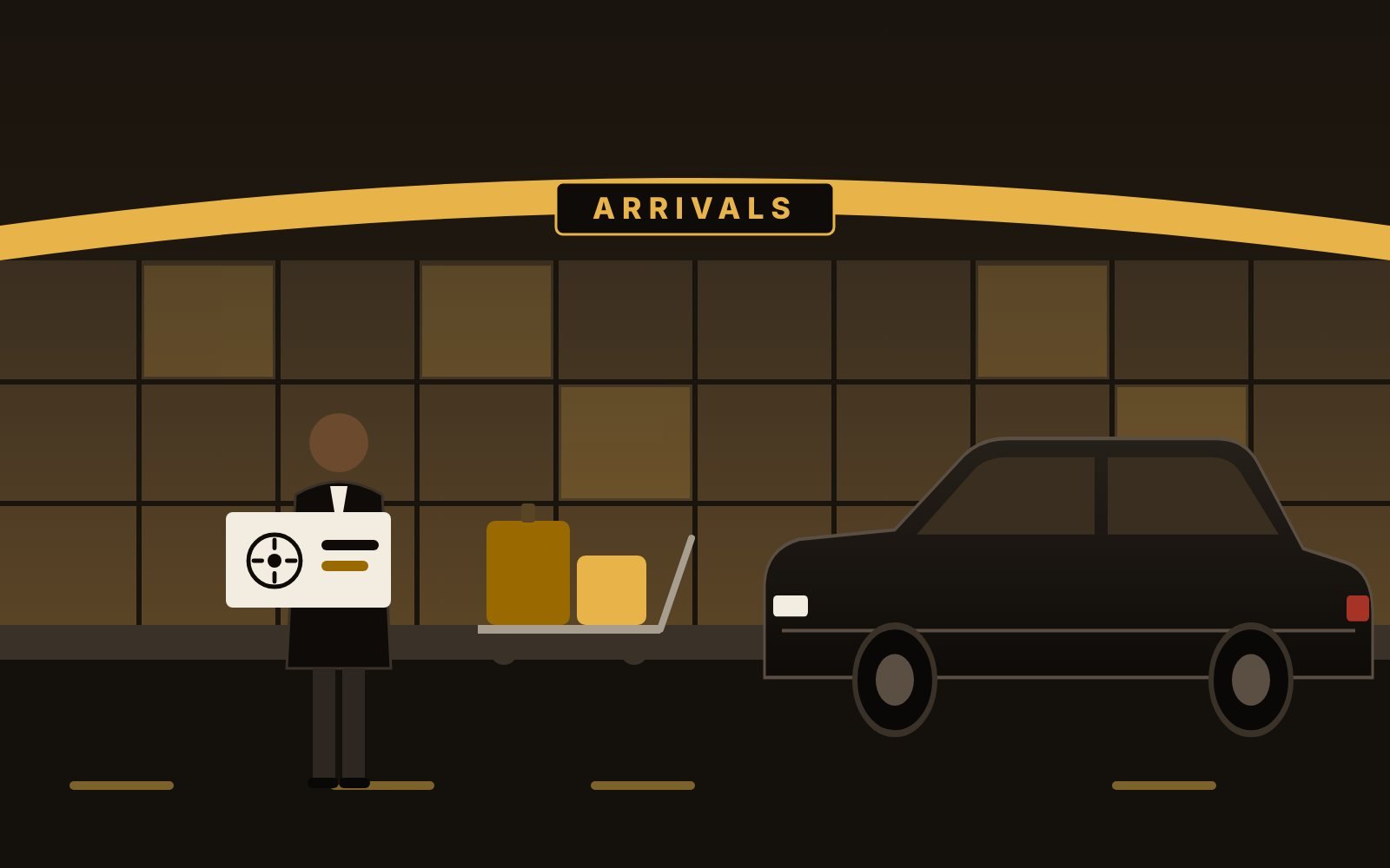 Illustration of a protocol officer holding a The Hub Vinchy sign at airport arrivals
