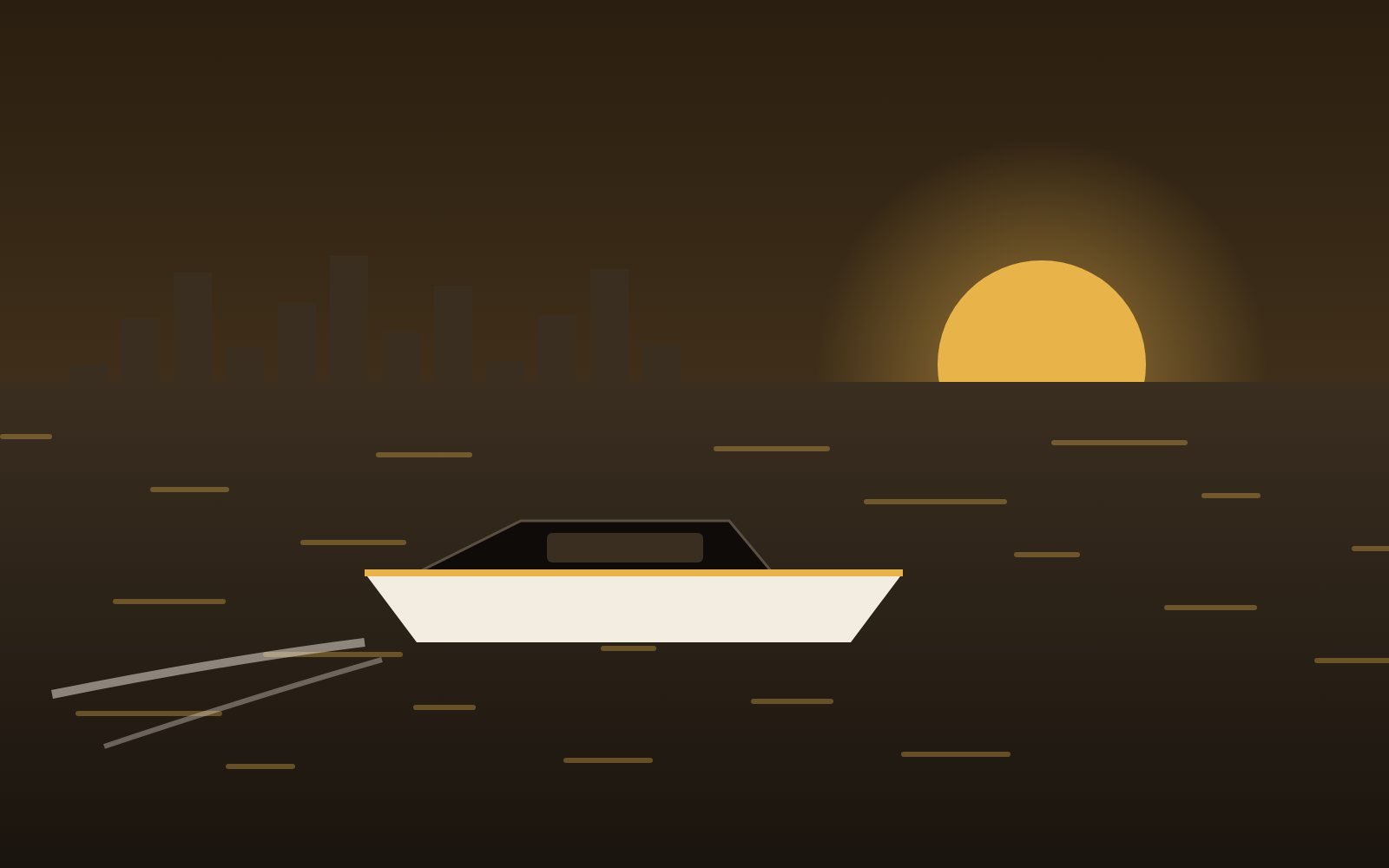 Illustration of a speedboat on the water at sunset with the city skyline behind