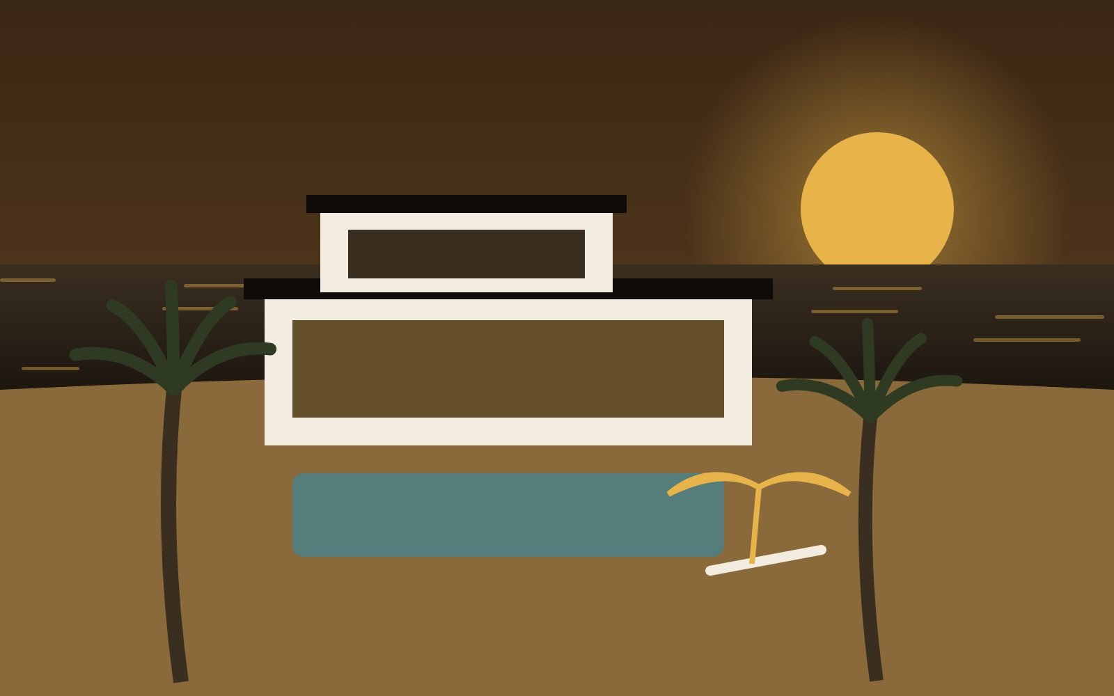 Illustration of a modern beach house with a pool and palm trees at sunset